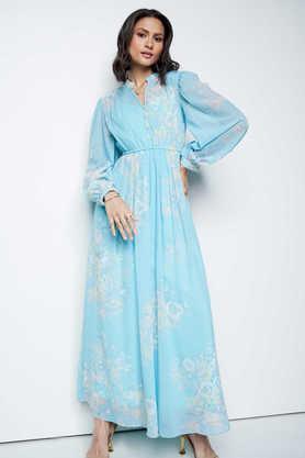 floral round neck polyester women's gown - sea green