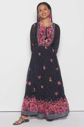 floral round neck polyester women's maxi dress - black
