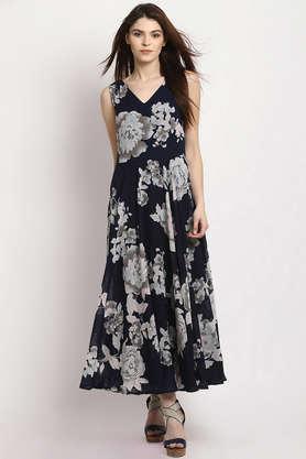 floral round neck polyester women's maxi dress - blue