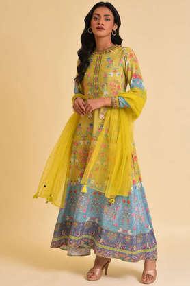 floral round neck polyester women's maxi dress with dupatta - light olive