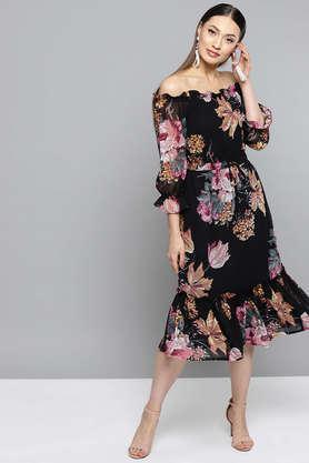 floral round neck polyester women's midi dress - black