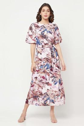 floral round neck polyester women's midi dress - multi