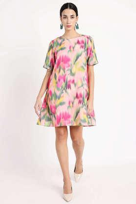 floral round neck polyester women's mini dress - multi