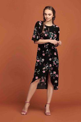 floral round neck polyester womens wrap dress - black