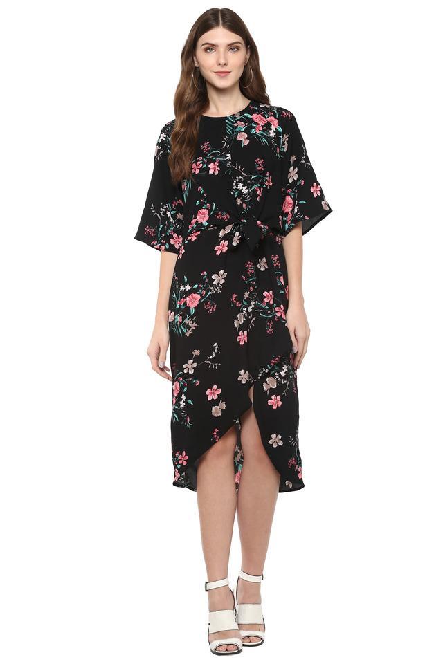 floral round neck polyester womens wrap dress