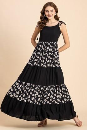 floral round neck rayon women's dress - black