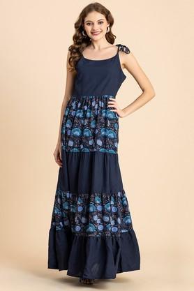 floral round neck rayon women's dress - blue