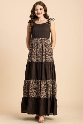 floral round neck rayon women's dress - brown