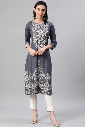 floral round neck rayon women's ethnic set - grey