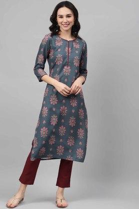 floral round neck rayon womens ethnic set - grey