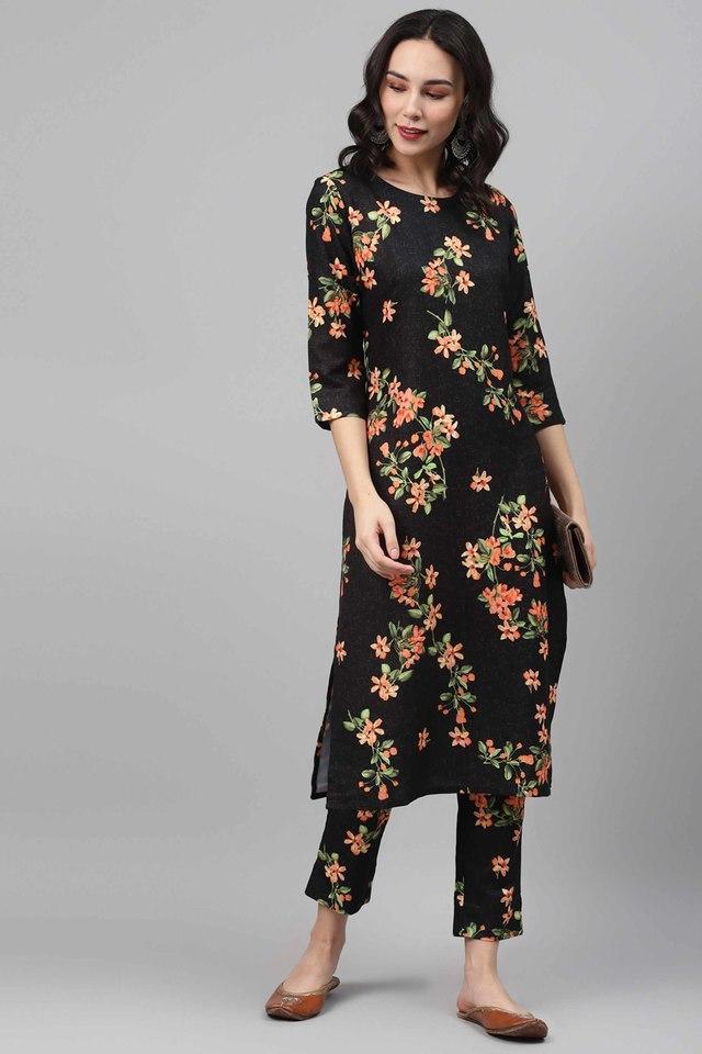 floral round neck rayon womens ethnic set