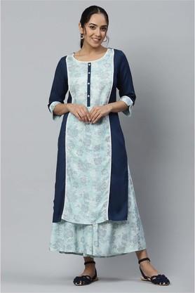floral round neck viscose rayon women's salwar kurta dupatta set - blue