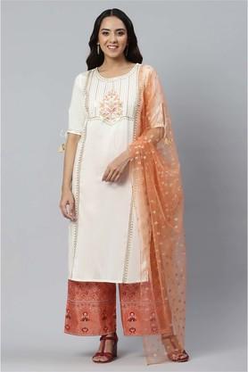 floral round neck viscose rayon women's salwar kurta dupatta set - white