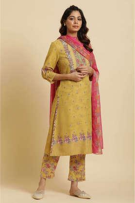 floral round neck viscose women's kurta palazzo dupatta set - yellow