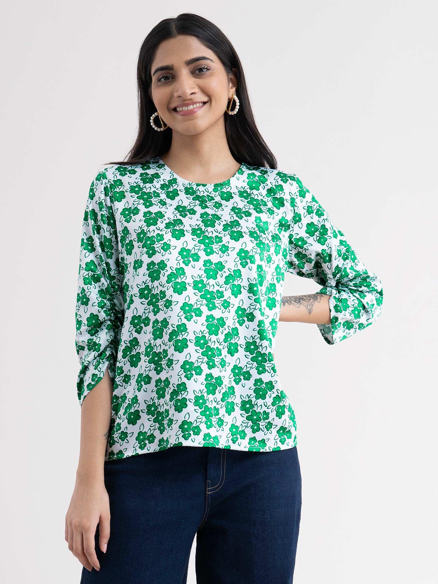 floral ruched sleeve top - white