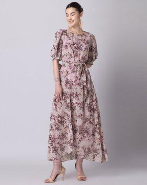 floral ruffled belted maxi dress