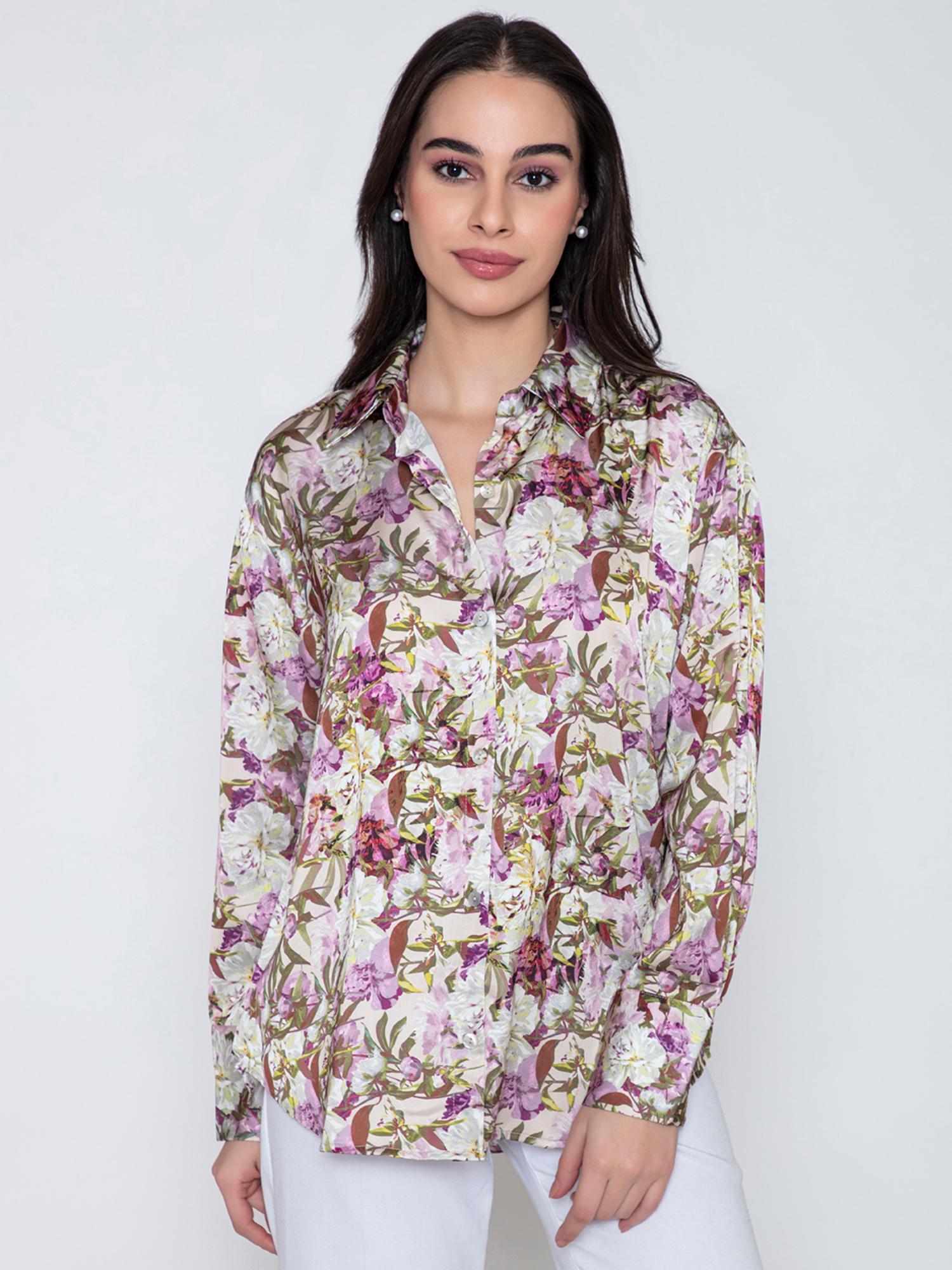 floral satin purple shirt