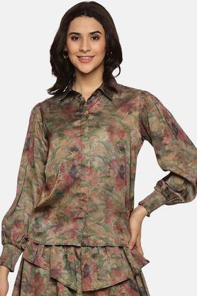 floral satin regular fit women's shirt - brown