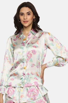 floral satin regular fit women's shirt - white