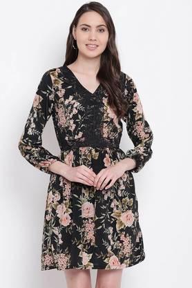 floral satin v-neck women's knee length dress - black