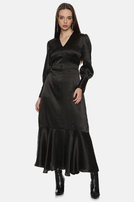 floral satin v-neck women's maxi dress - black