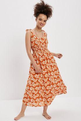 floral scoop neck cotton women's calf length dress - orange