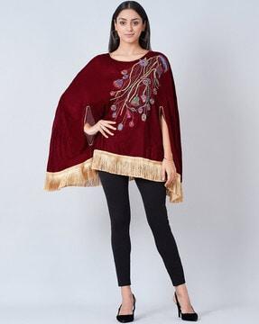 floral sequinned poncho with fringes