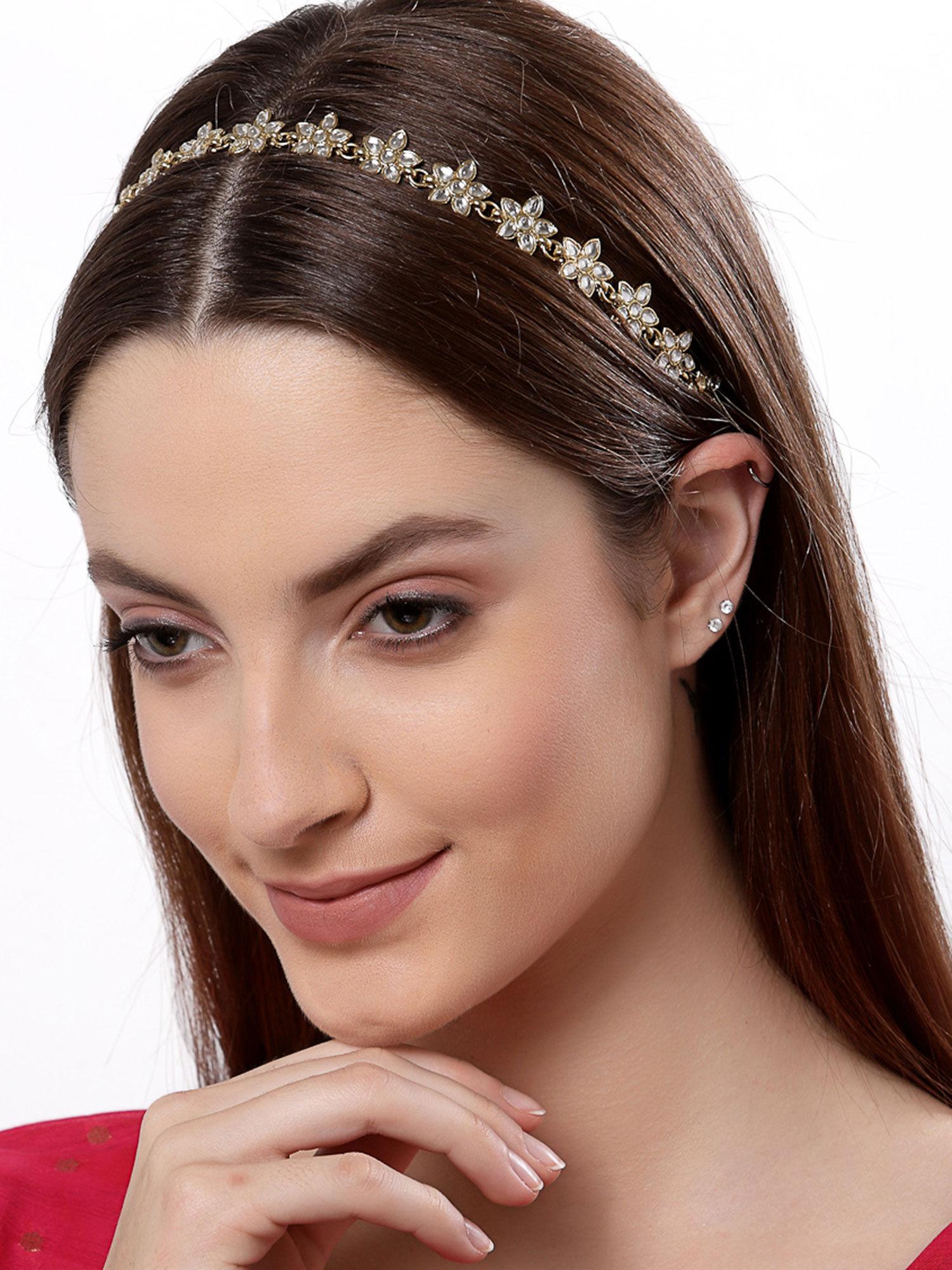 floral shaped kundan studded gold plated hairband for women