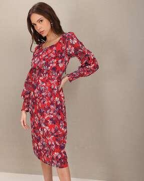 floral sheath dress with smocked waist