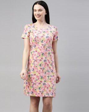 floral shirt round-neck a-line dress