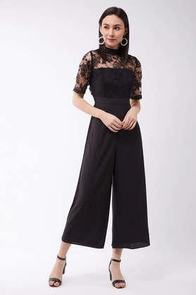 floral short sleeves crepe women's regular jumpsuit - black