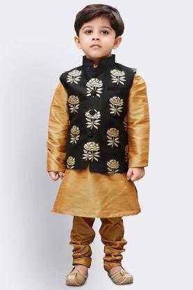 floral silk blend mandarin boys jacket kurta and pyjama set - gold