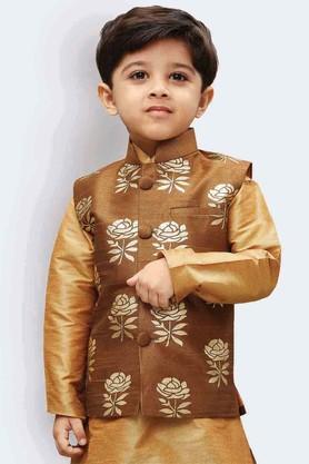 floral silk blend mandarin boys nehru jacket - brown