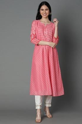 floral silk blend round neck women's festive wear kurtas - pink