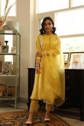 floral silk mandarin women's salwar kurta dupatta set - yellow