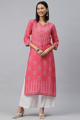 floral silk round neck women's kurti - pink