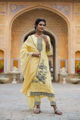 floral silk round neck women's salwar suit - yellow