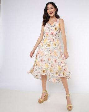 floral sleeveless a-line dress with high-low hemline