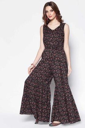 floral sleeveless cotton women's regular jumpsuits - black