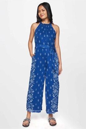 floral sleeveless polyester women's full length length jumpsuit - mid blue