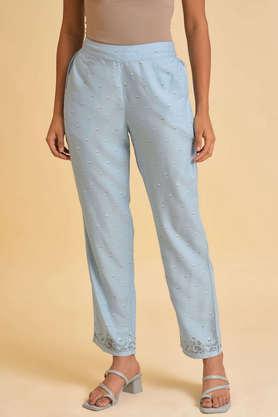 floral slim fit viscose women's festive wear slim pant - light blue