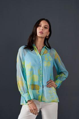 floral spread collar polyester women's party wear shirt - turquoise