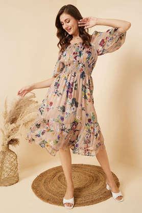 floral square neck chiffon women's midi dress - multi