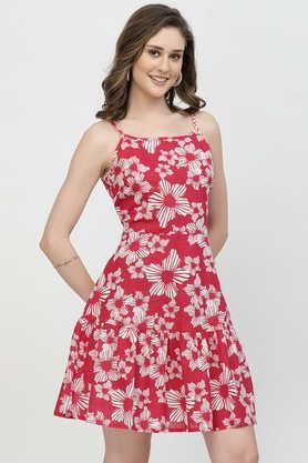 floral square neck cotton women's dress - magenta