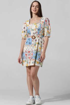 floral square neck cotton women's mini dress - white