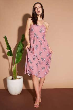 floral square neck crepe women's midi dress - peach