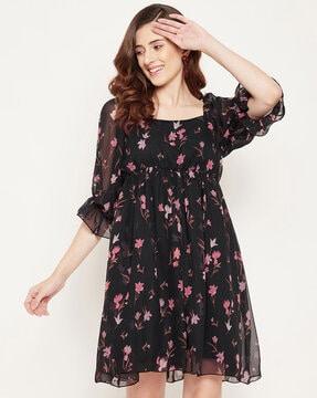 floral square-neck dress with back tie-up