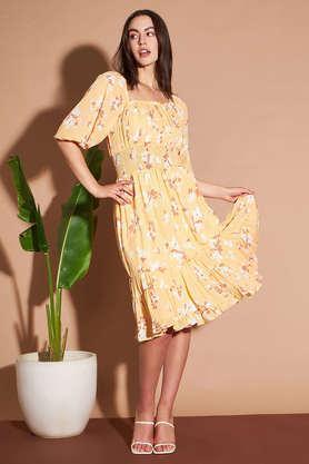 floral square neck georgette women's knee length dress - mustard