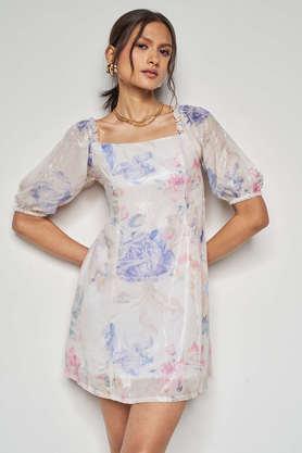floral square neck polyester women's mini dress - multi