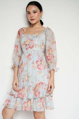 floral square neck polyester women's mini dress - multi